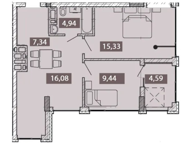 ЖК Novo Residence: планування 2-кімнатної квартири 57.72 м²