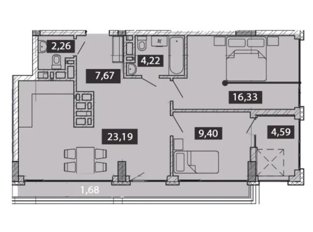 ЖК Novo Residence: планування 2-кімнатної квартири 70.6 м²