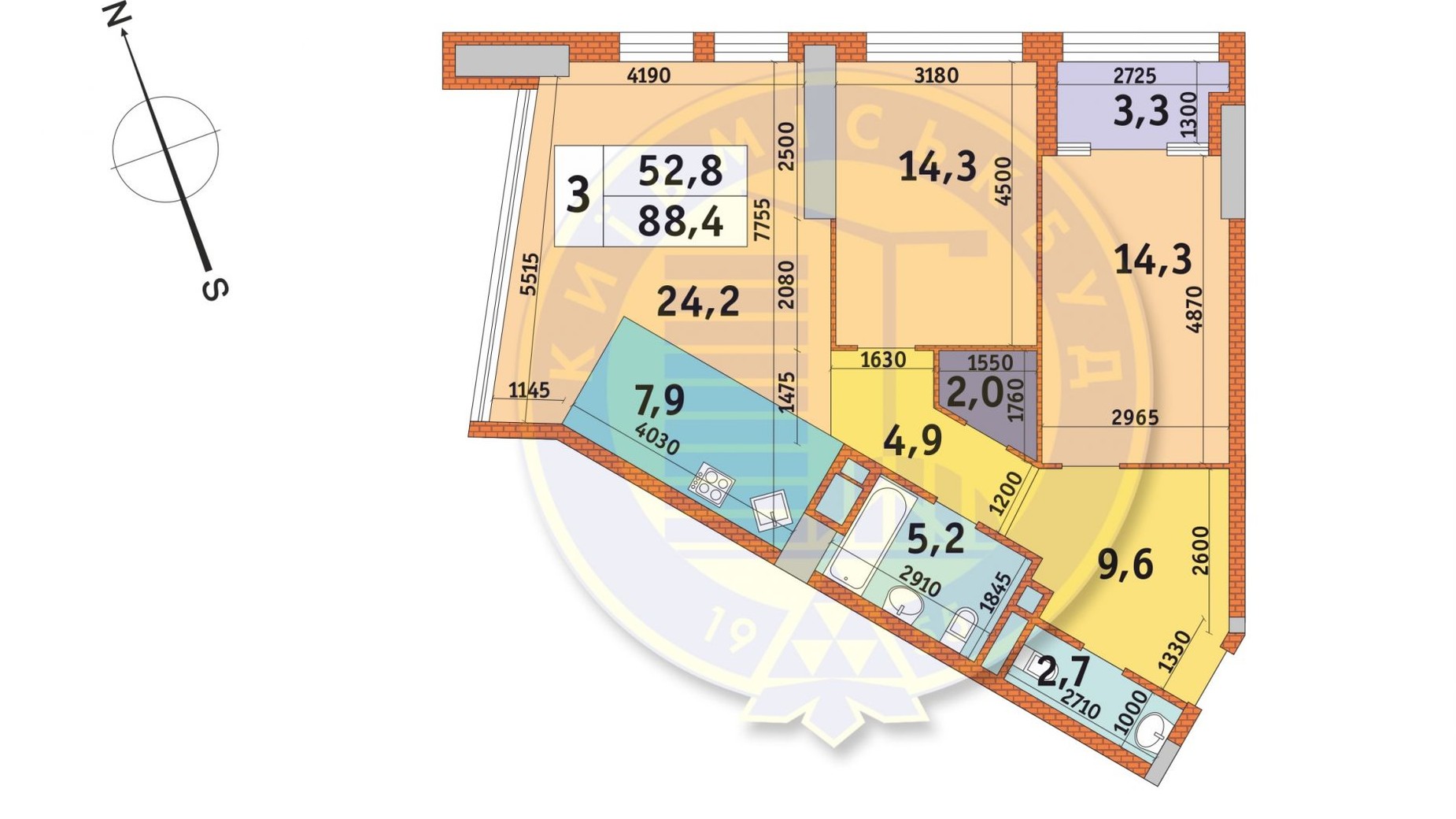 Планировка 3-комнатной квартиры в ЖК Manhattan City 88.4 м², фото 566931