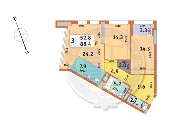 ЖК Manhattan City: планировка 3-комнатной квартиры 88.4 м²