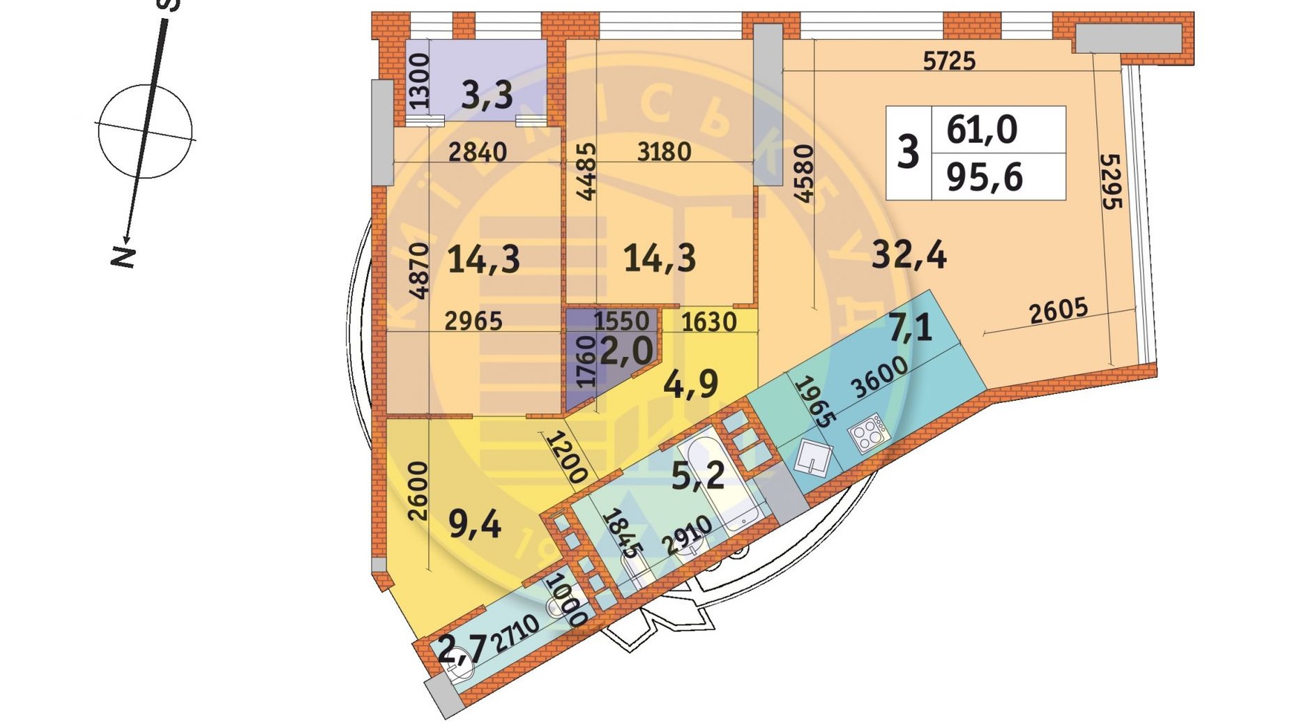 Планировка 3-комнатной квартиры в ЖК Manhattan City 95.6 м², фото 566935