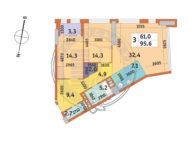 ЖК Manhattan City: планування 3-кімнатної квартири 95.6 м²