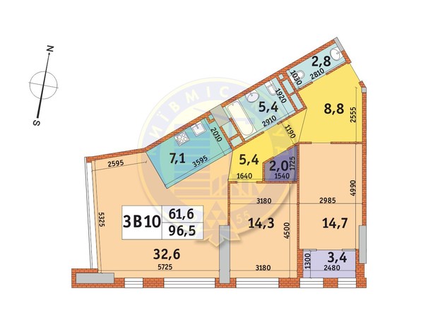 ЖК Manhattan City: планировка 3-комнатной квартиры 96.8 м²