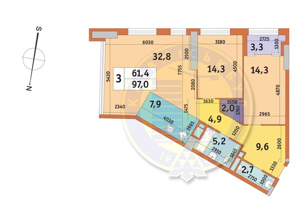 ЖК Manhattan City: планировка 3-комнатной квартиры 97.6 м²