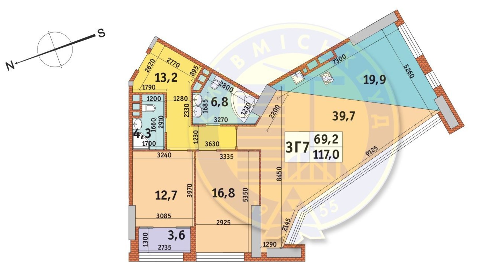 Планировка 3-комнатной квартиры в ЖК Manhattan City 117 м², фото 566943