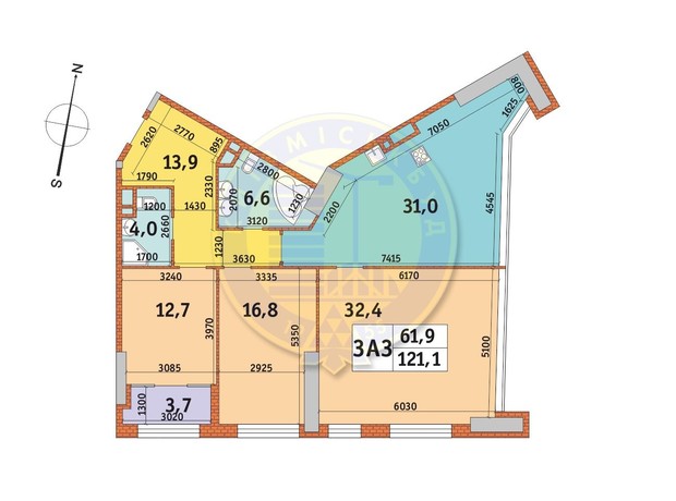 ЖК Manhattan City: планировка 3-комнатной квартиры 121.2 м²