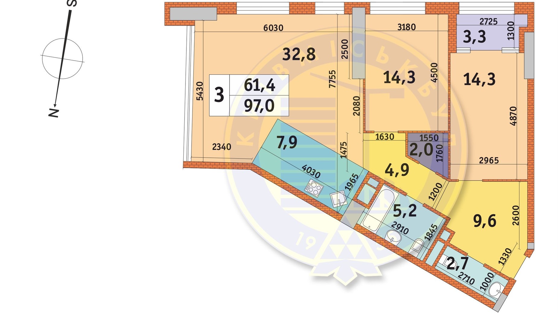 Планировка 3-комнатной квартиры в ЖК Manhattan City 97.6 м², фото 566946