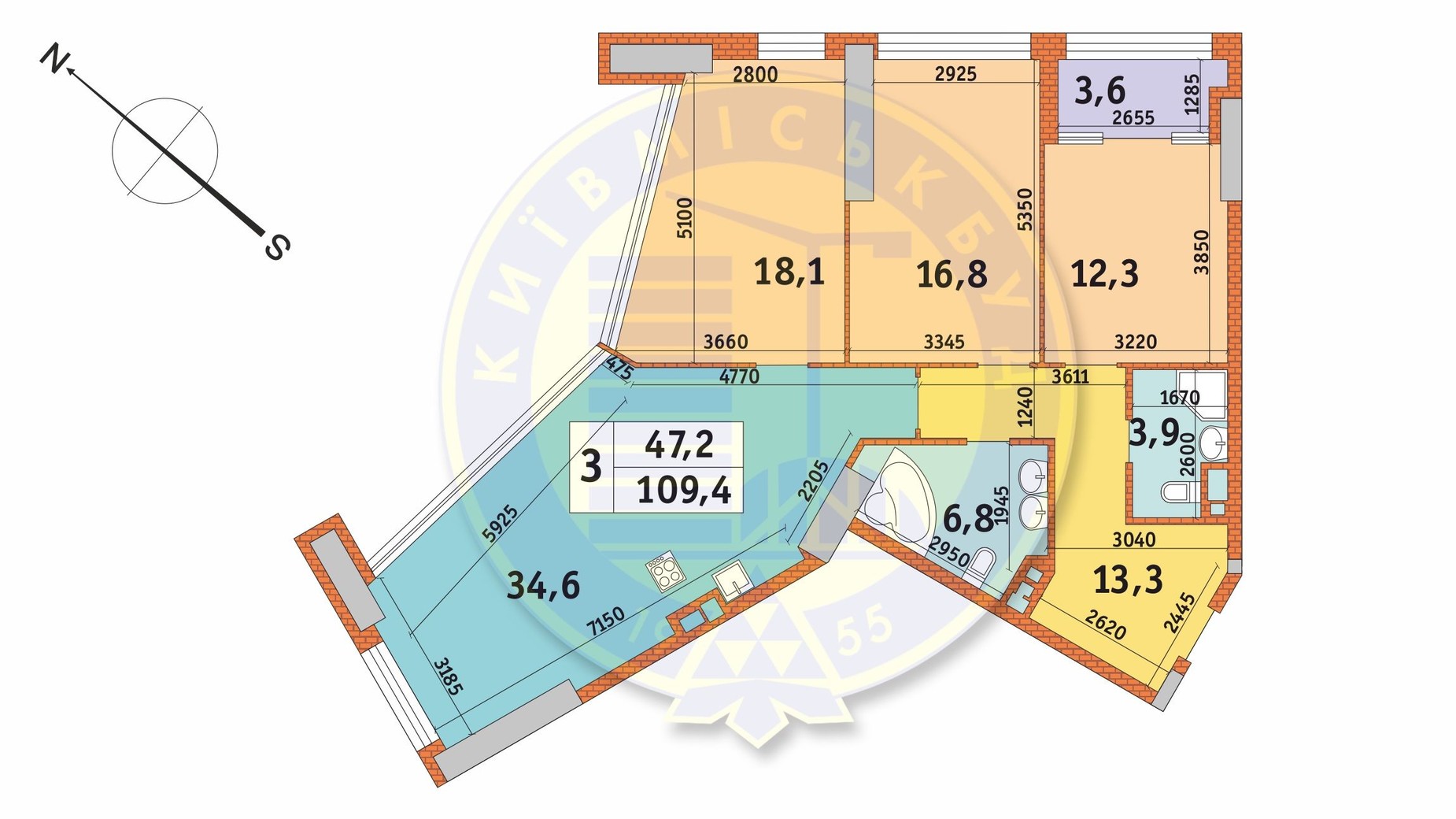 Планування 3-кімнатної квартири в ЖК Manhattan City 109 м², фото 566948