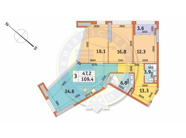 ЖК Manhattan City: планировка 3-комнатной квартиры 109 м²