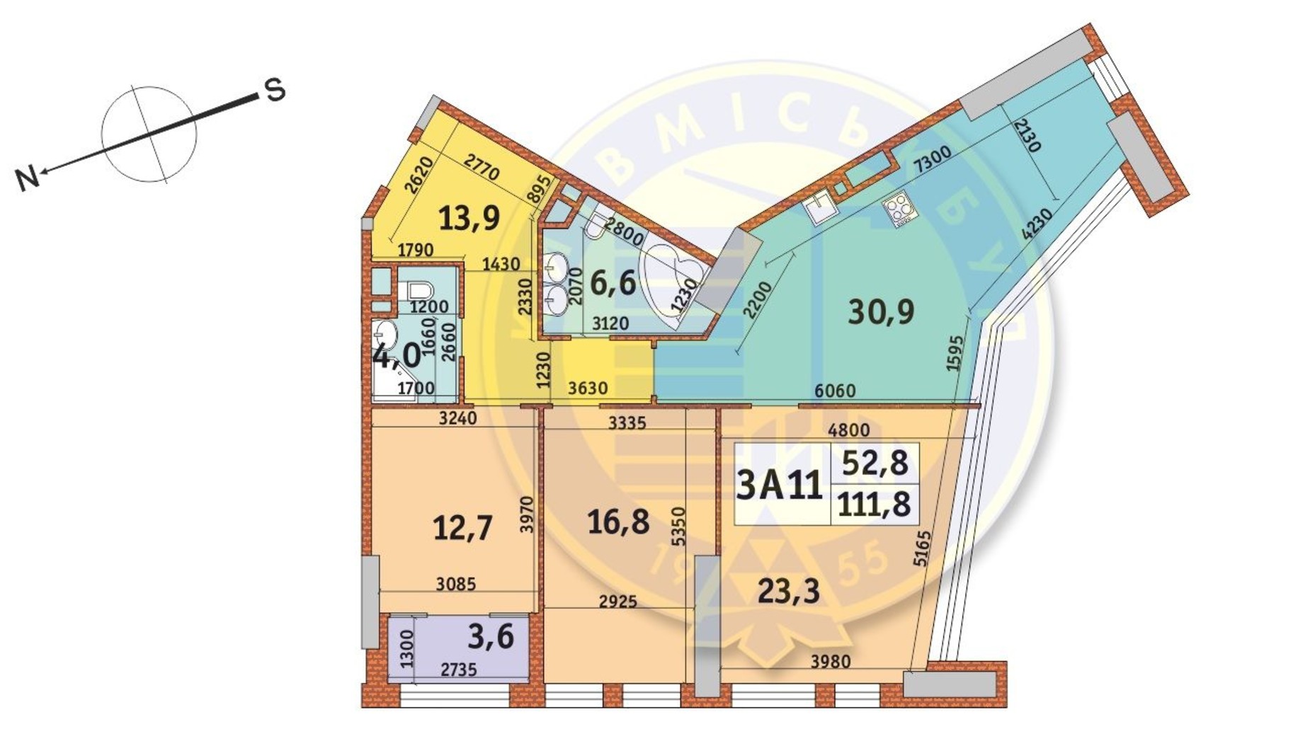 Планировка 3-комнатной квартиры в ЖК Manhattan City 111.9 м², фото 566950