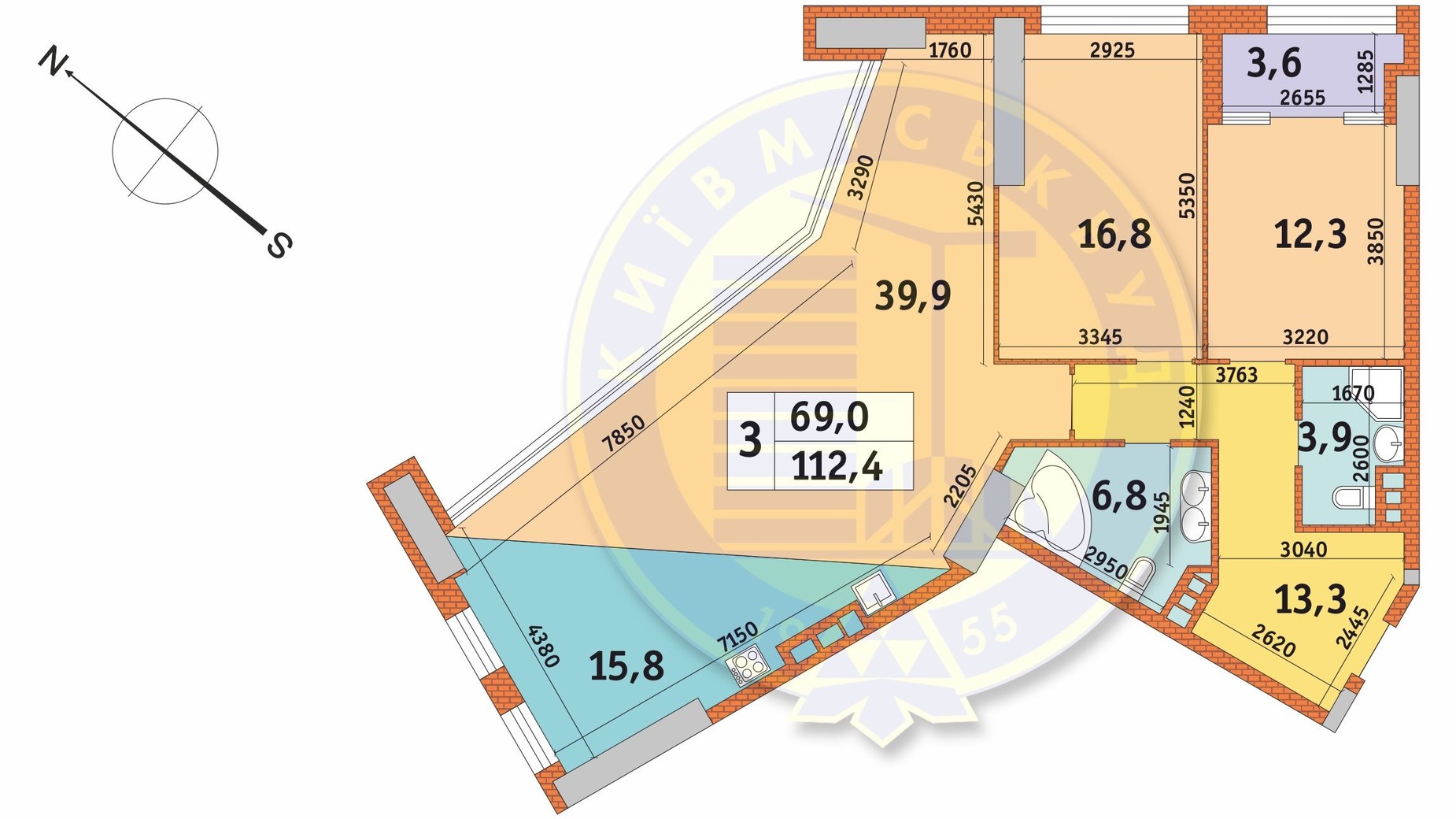 Планировка 3-комнатной квартиры в ЖК Manhattan City 112.4 м², фото 566951