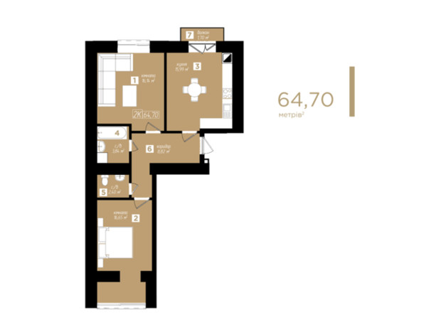 ЖК Молодіжний: планування 2-кімнатної квартири 64.7 м²