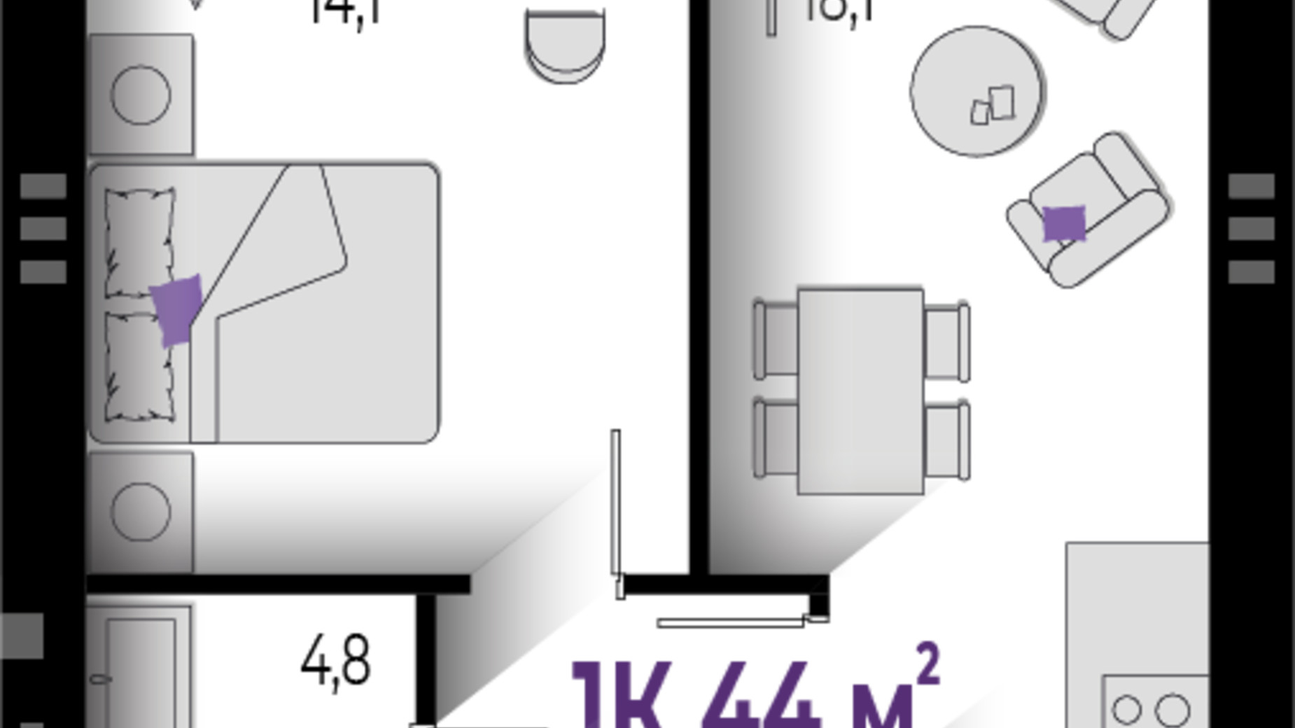 Планування 1-кімнатної квартири в ЖК Квартал Краківський 44 м², фото 567215