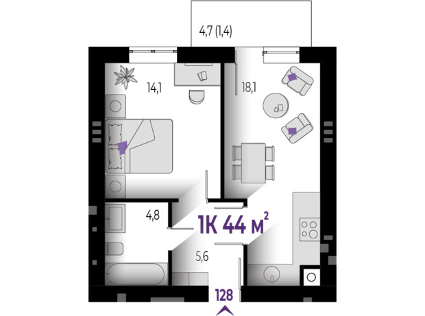 ЖК Квартал Краковский: планировка 1-комнатной квартиры 44 м²