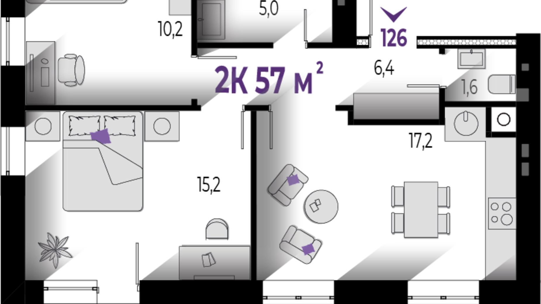 Планировка 2-комнатной квартиры в ЖК Квартал Краковский 57 м², фото 567218