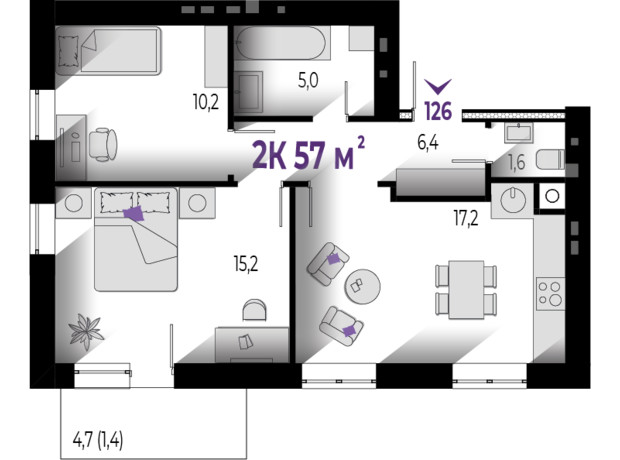 ЖК Квартал Краковский: планировка 2-комнатной квартиры 57 м²