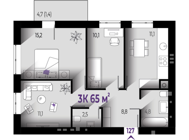 ЖК Квартал Краковский: планировка 3-комнатной квартиры 65 м²