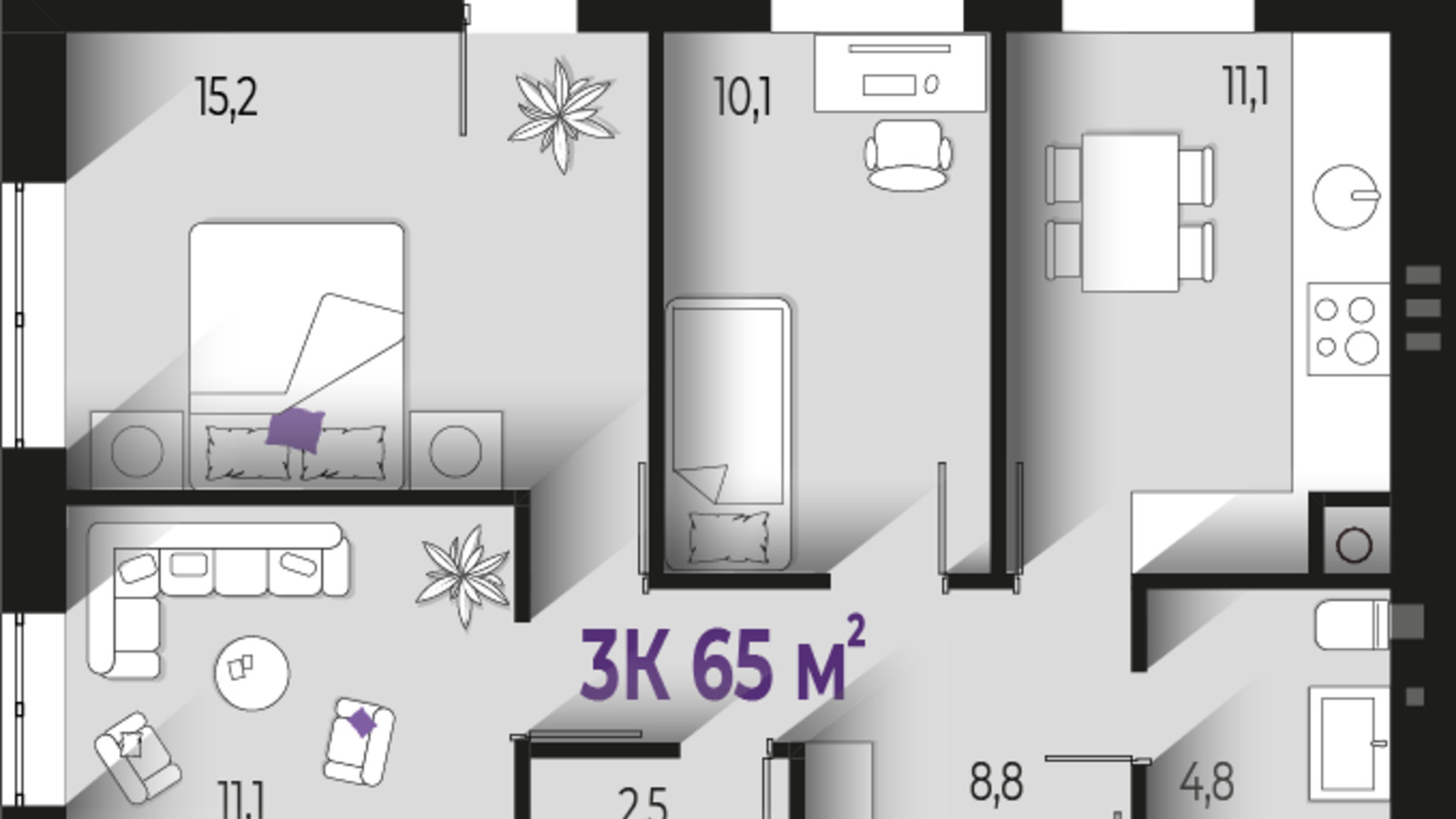 Планировка 3-комнатной квартиры в ЖК Квартал Краковский 65 м², фото 567223