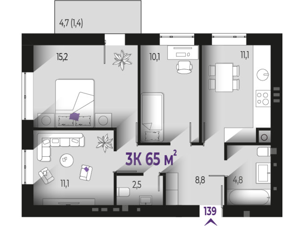 ЖК Квартал Краковский: планировка 3-комнатной квартиры 65 м²