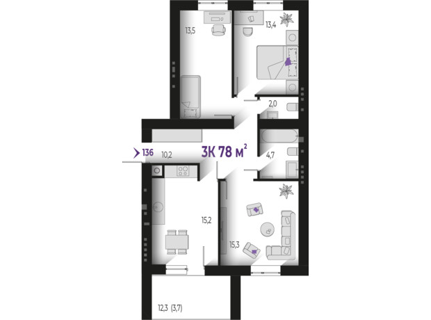 ЖК Квартал Краківський: планування 3-кімнатної квартири 78 м²