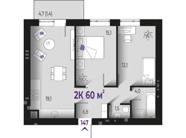 ЖК Квартал Краківський: планування 2-кімнатної квартири 60 м²