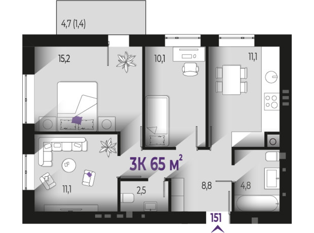 ЖК Квартал Краковский: планировка 3-комнатной квартиры 65 м²