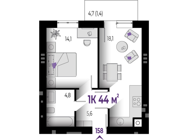 ЖК Квартал Краківський: планування 1-кімнатної квартири 44 м²