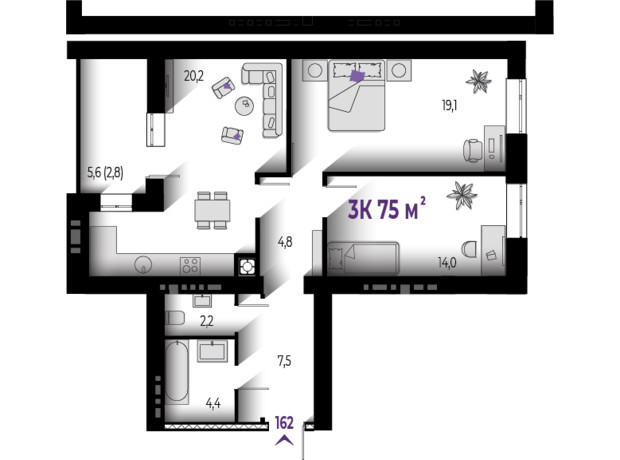 ЖК Квартал Краковский: планировка 3-комнатной квартиры 75 м²