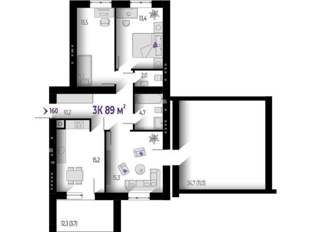 ЖК Квартал Краковский: планировка 3-комнатной квартиры 89 м²