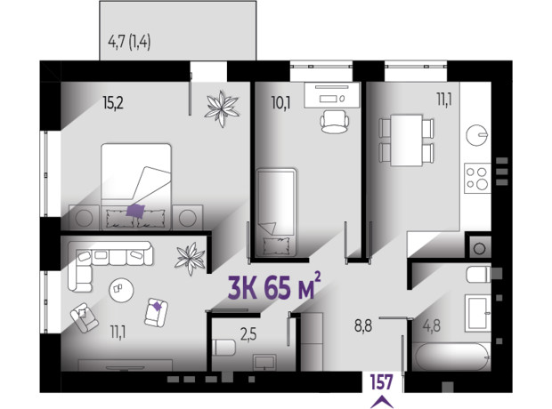 ЖК Квартал Краковский: планировка 3-комнатной квартиры 65 м²