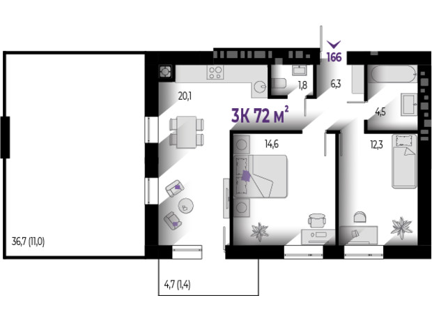 ЖК Квартал Краковский: планировка 3-комнатной квартиры 72 м²