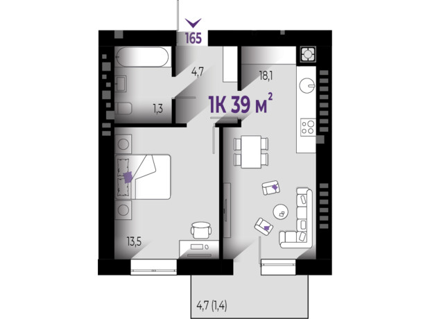 ЖК Квартал Краковский: планировка 1-комнатной квартиры 39 м²