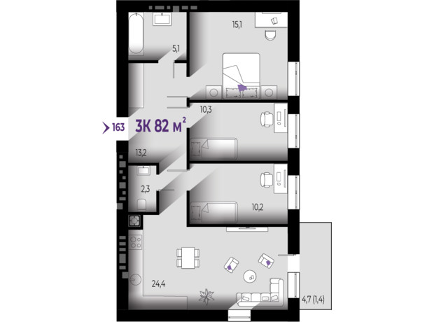 ЖК Квартал Краковский: планировка 3-комнатной квартиры 82 м²