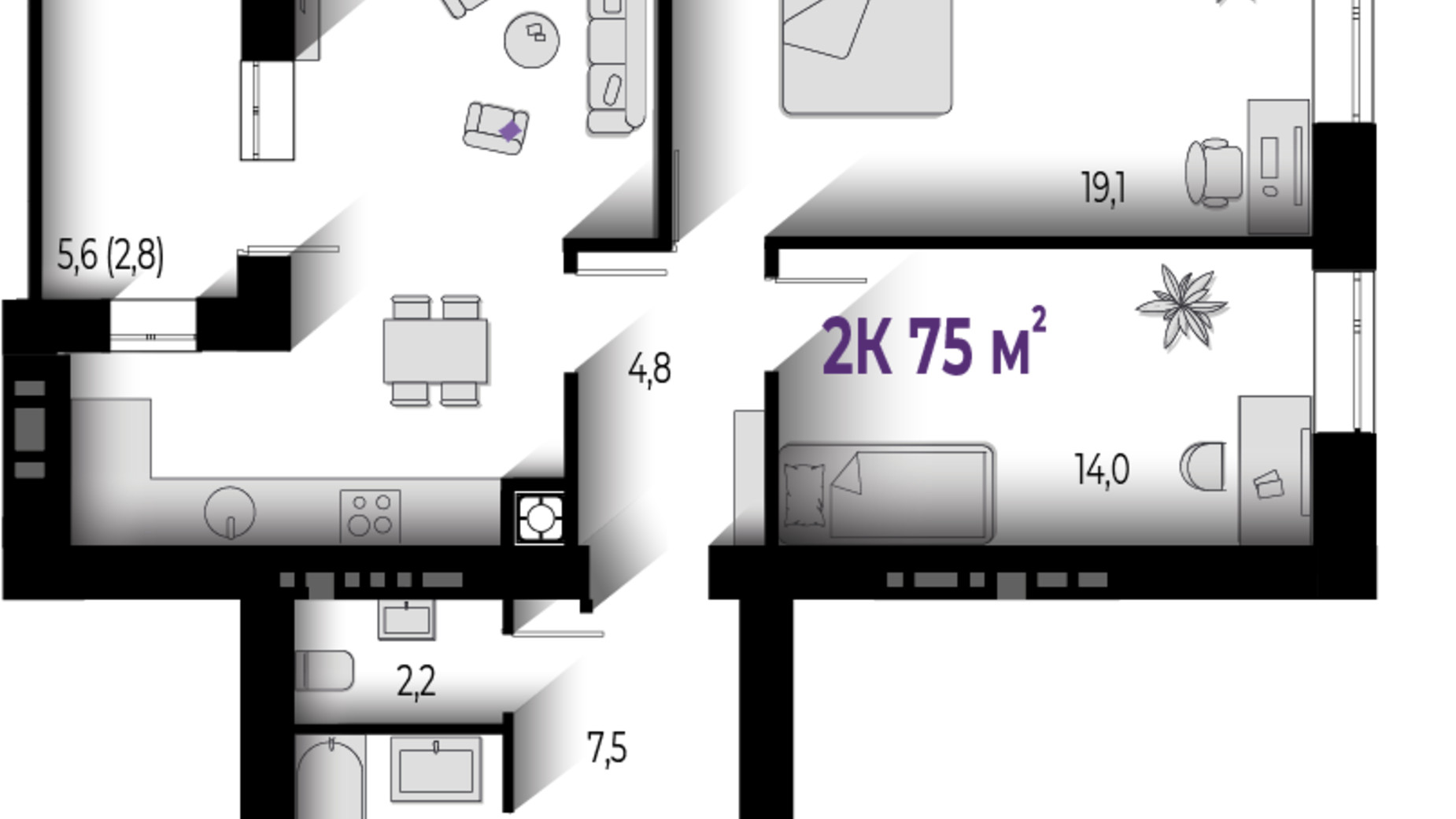 Планування 2-кімнатної квартири в ЖК Квартал Краківський 75 м², фото 567259