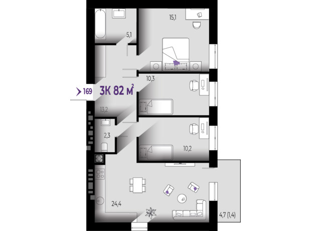 ЖК Квартал Краковский: планировка 3-комнатной квартиры 82 м²