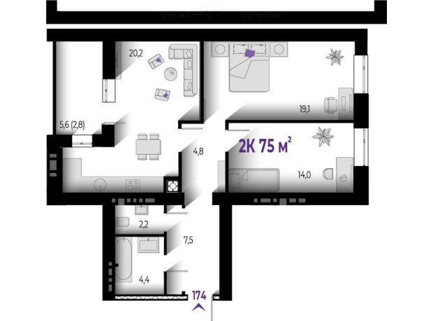 ЖК Квартал Краківський: планування 2-кімнатної квартири 75 м²