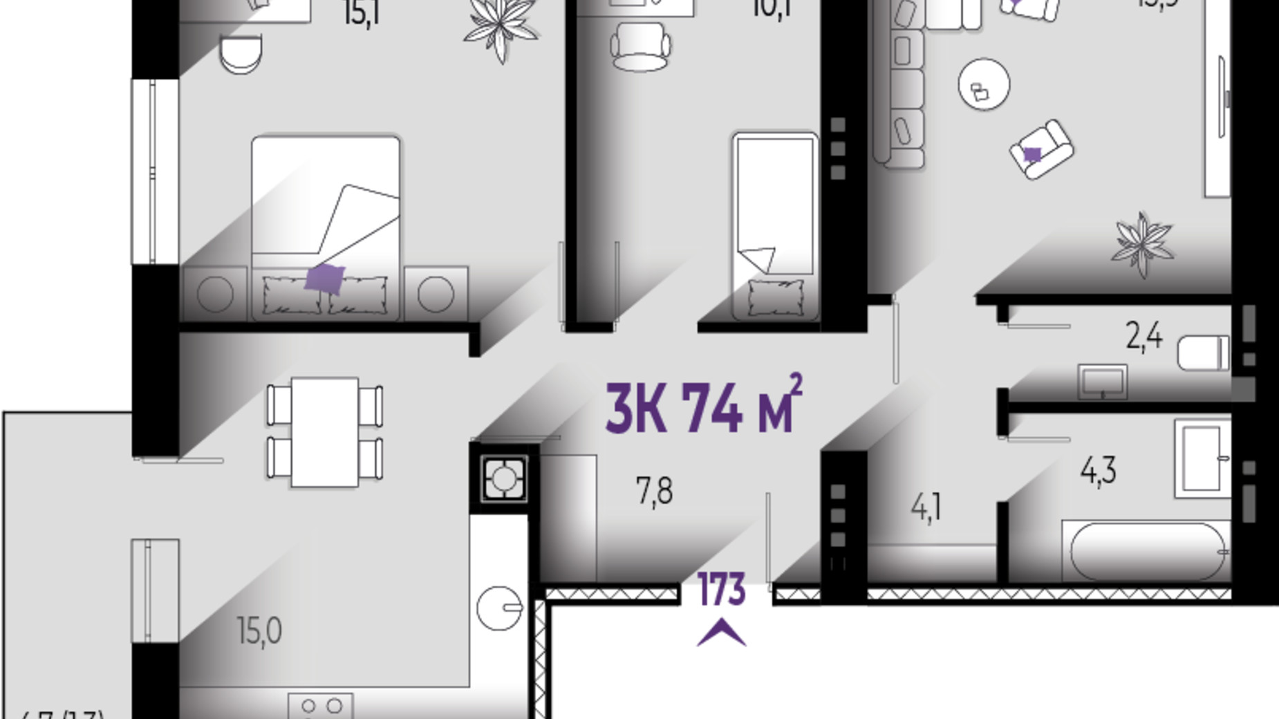 Планировка 3-комнатной квартиры в ЖК Квартал Краковский 74 м², фото 567268