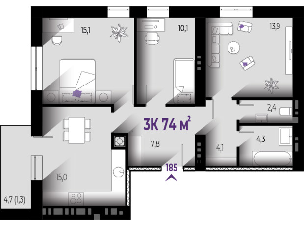 ЖК Квартал Краковский: планировка 3-комнатной квартиры 74 м²