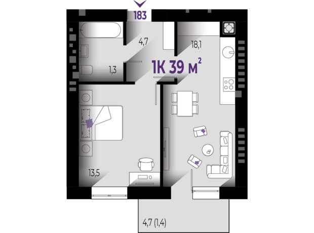ЖК Квартал Краківський: планування 1-кімнатної квартири 39 м²