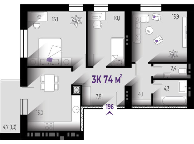 ЖК Квартал Краковский: планировка 3-комнатной квартиры 74 м²