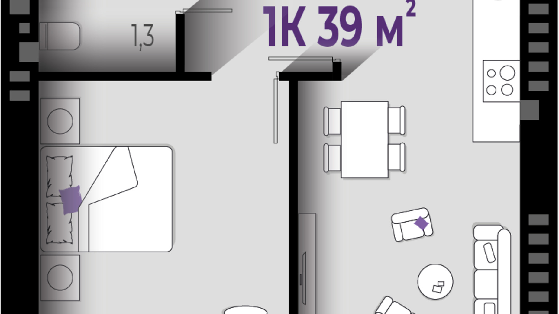 Планування 1-кімнатної квартири в ЖК Квартал Краківський 39 м², фото 567283