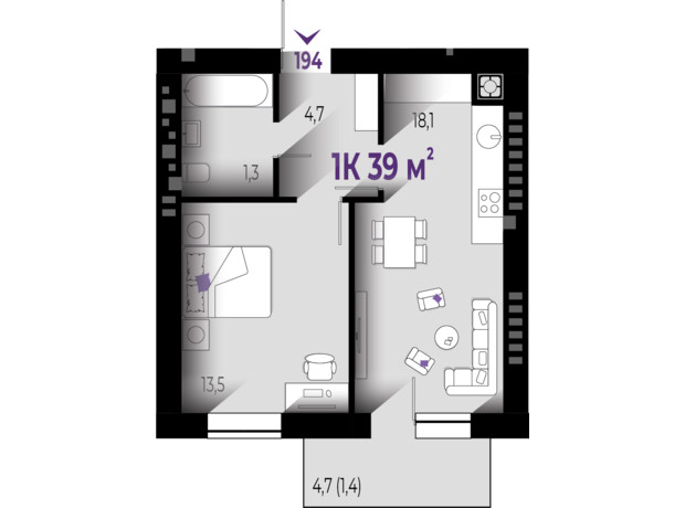 ЖК Квартал Краківський: планування 1-кімнатної квартири 39 м²
