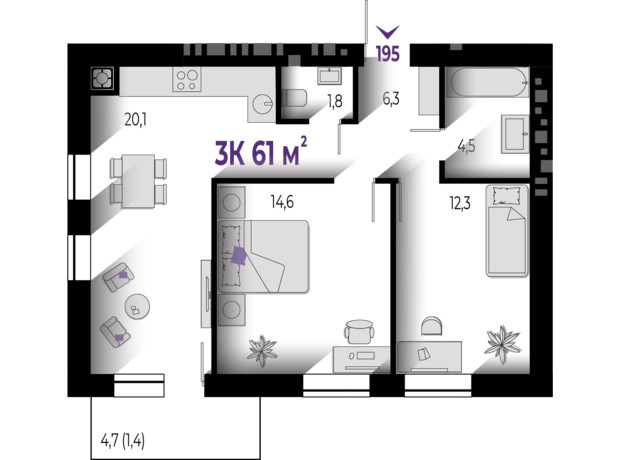 ЖК Квартал Краковский: планировка 3-комнатной квартиры 61 м²