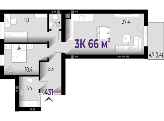 ЖК Wawel: планировка 3-комнатной квартиры 66 м²