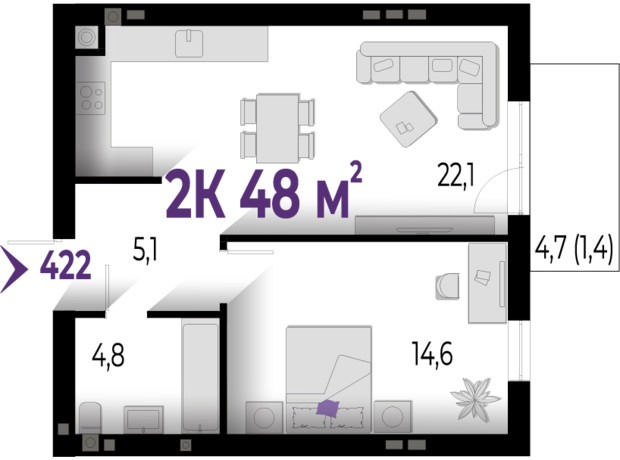 ЖК Wawel: планировка 2-комнатной квартиры 48 м²