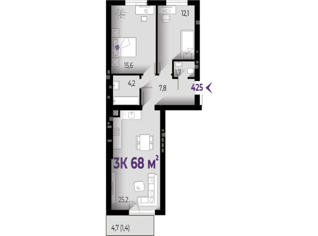 ЖК Wawel: планировка 3-комнатной квартиры 68 м²