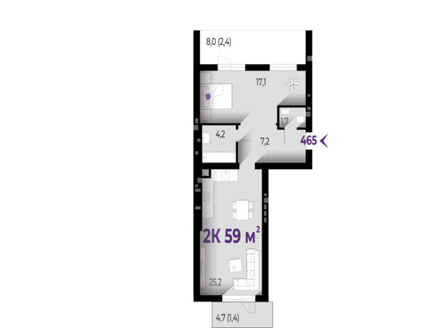 ЖК Wawel: планировка 2-комнатной квартиры 59 м²