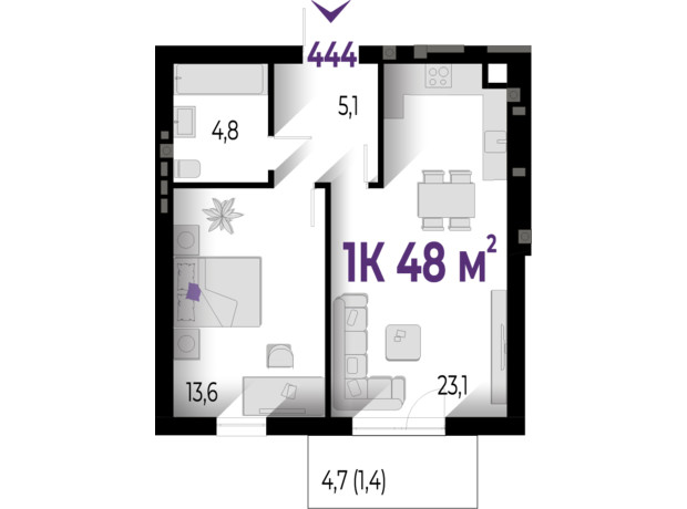 ЖК Wawel: планировка 1-комнатной квартиры 48 м²