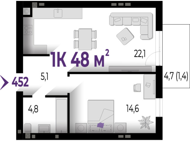 ЖК Wawel: планування 1-кімнатної квартири 48 м²