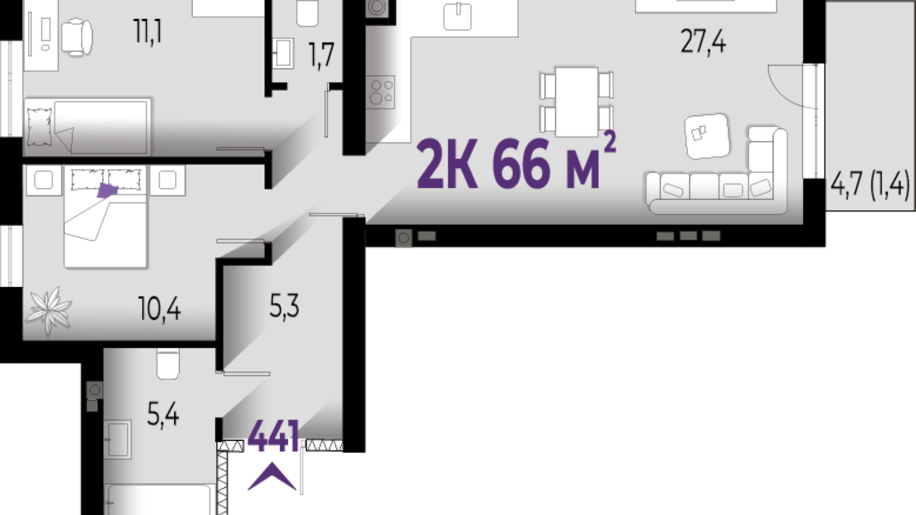 Планировка 2-комнатной квартиры в ЖК Wawel 66 м², фото 567298